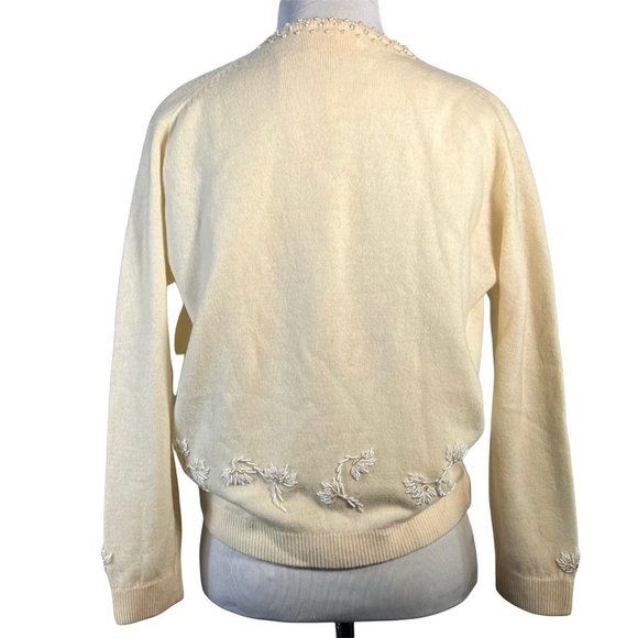 Vintage 50s Beaded Cardigan 40 / Medium Cream Lambswool Angora Pinup Rockabilly - Picture 6 of 12